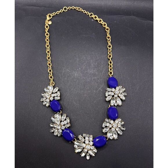 J. Crew Cobalt Royal Blue W Clear Rhinestones Goldtone Statement Necklace Chunky - Picture 2 of 11